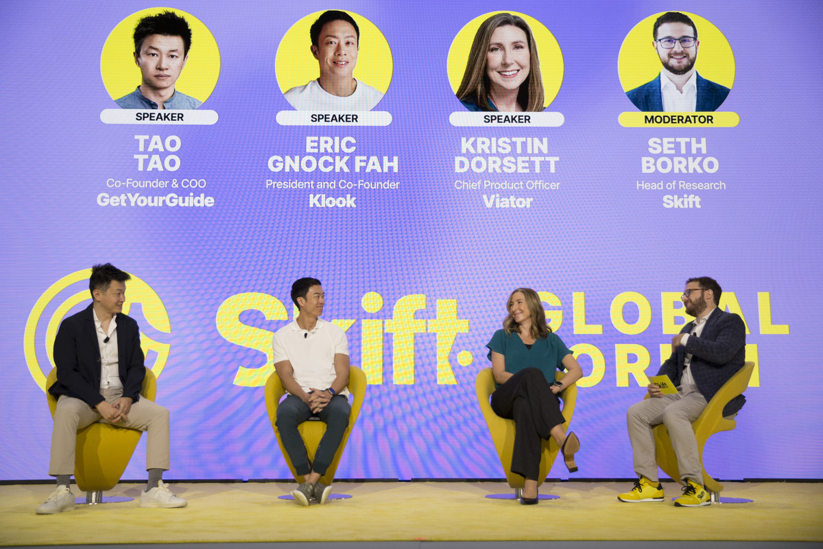 Tao Tao, Co-Founder & COO of GetYourGuide, Eric Gnock Fah, President and Co-Founder of Klook, and Kristin Dorsett, Chief Product Officer for Viator, speak with Skift Head of Research Seth Borko at Skift Global Forum 2024 in New York