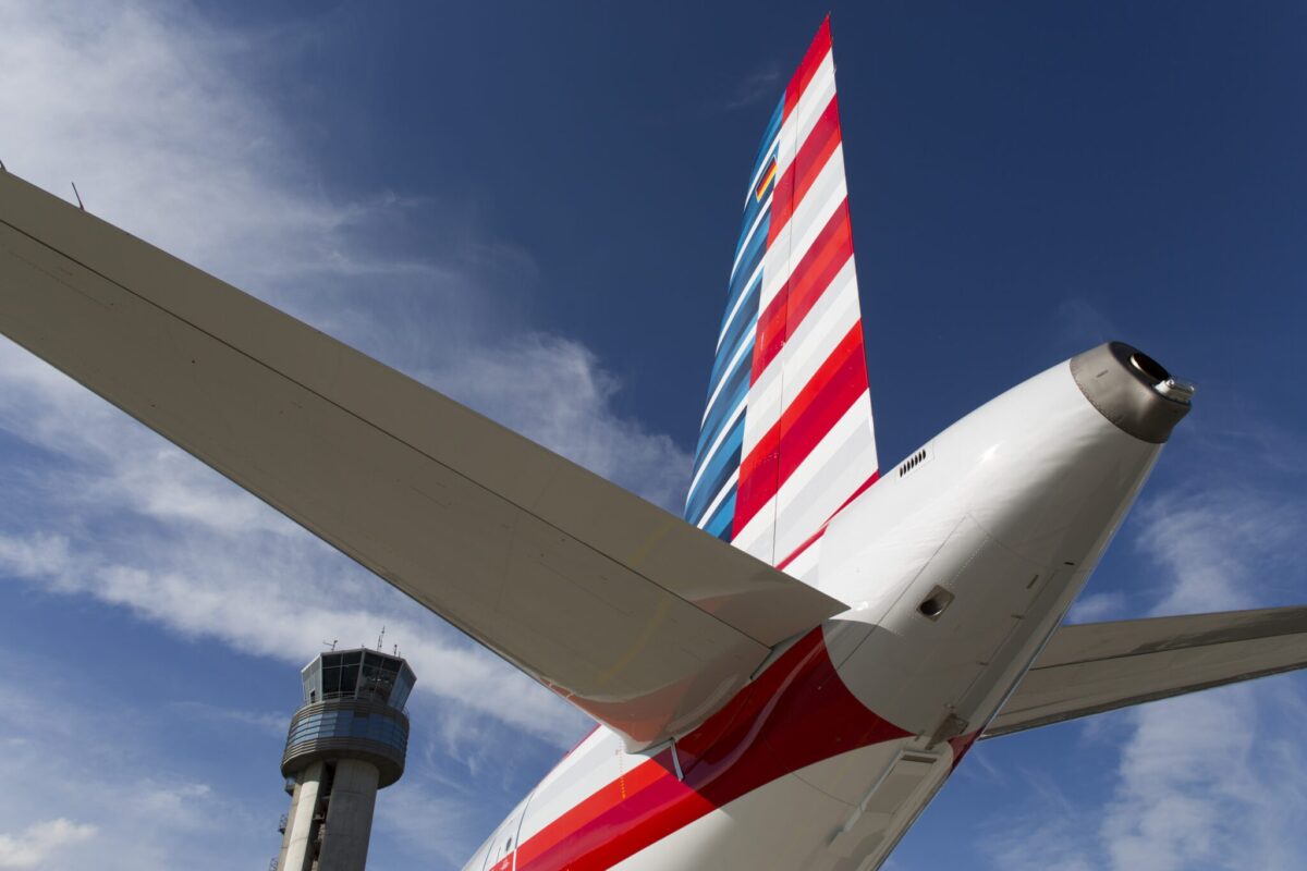 The tail of an American Airlines aircraft. Airbus