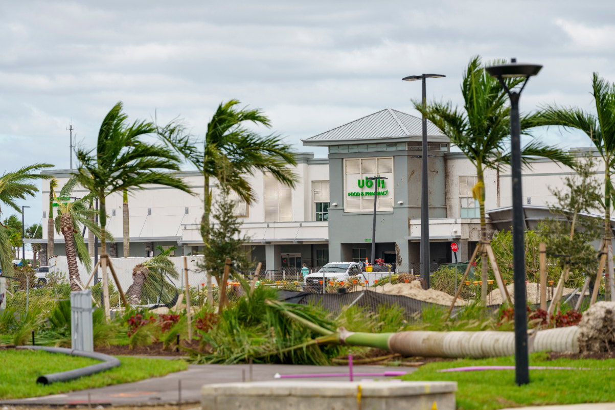 A Publix supermarket at Palm Beach Gardens, Florida, on  October 10, 2024, after being damaged by a tornado from Hurricane Milton.