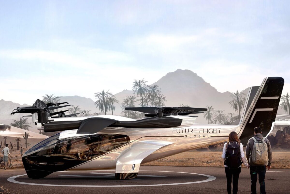 Pictured: A rendering of an Archer Aviation aircraft branded by operator Future Flight Global.