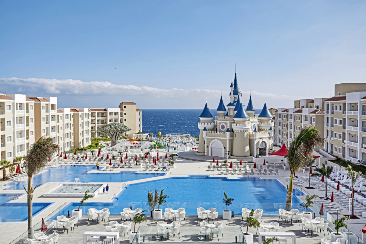 An exterior view of the pool at Bahia Principe Fantasia Tenerife, an all-inclusive resort in Spain.