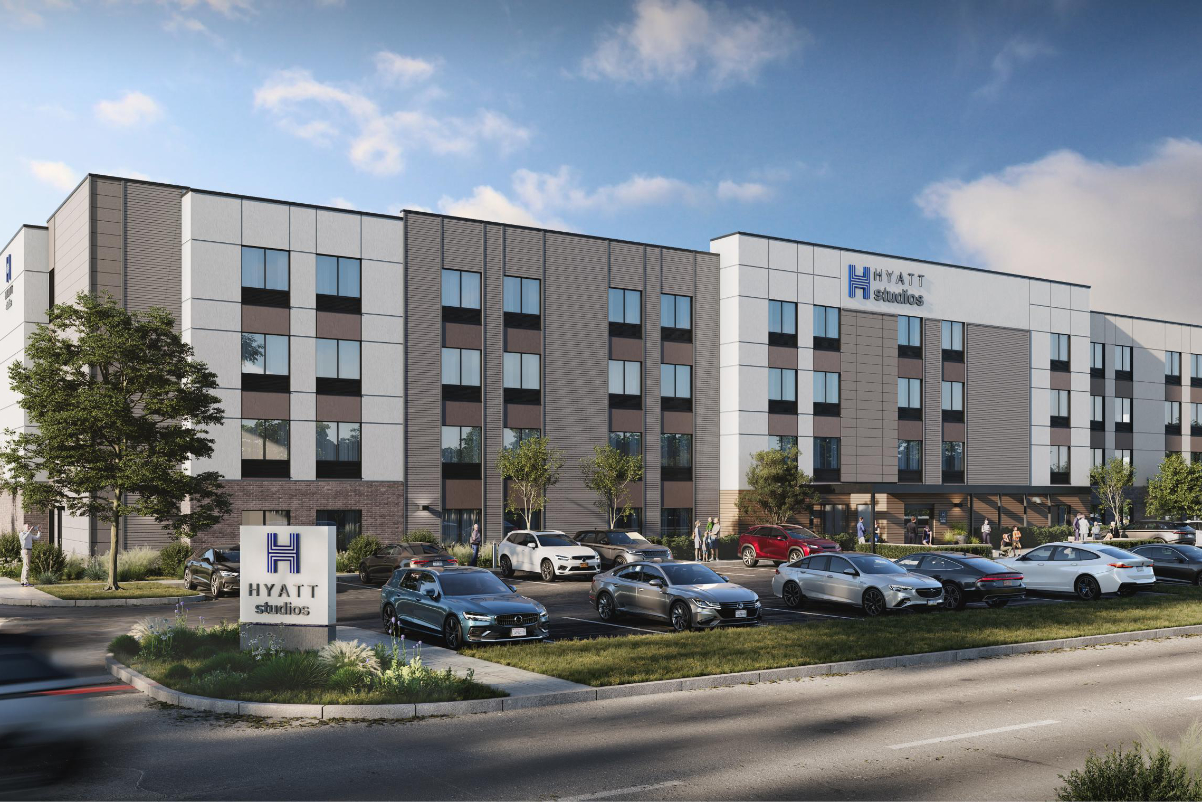 A rendering of an exterior daytime view of new hotel brand Hyatt Studios.