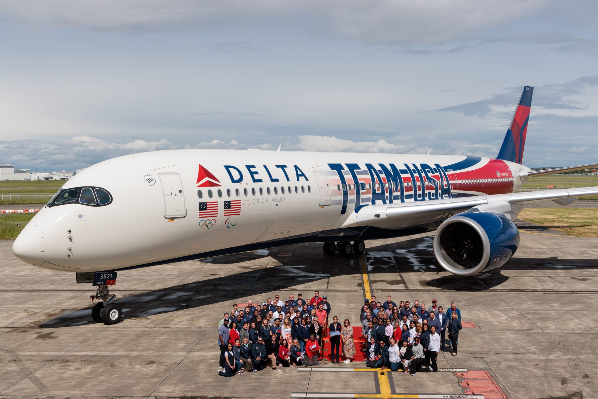 Delta held a special event with staff at its Atlanta HQ to mark the arrival of the new plane from Airbus' factory in France.