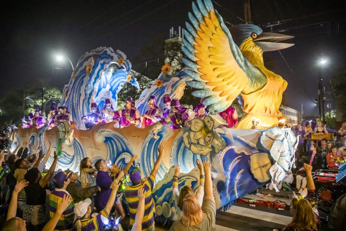 The Krewe of Hermes float, Halcyone, rolls down St. Charles Avenue in uptown New Orleans.