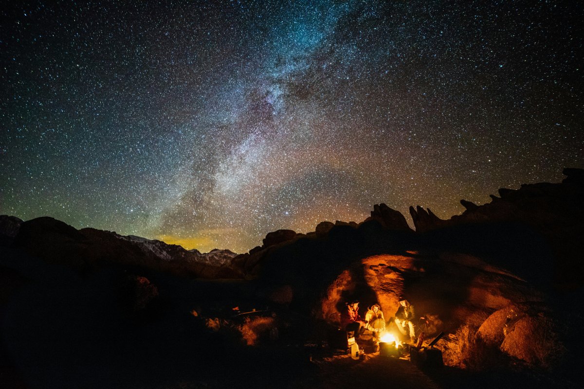 Photo Credit: Robson Hatsukami Morgan on Unsplash. People camping in front of the stars in Alabama Hills, California.