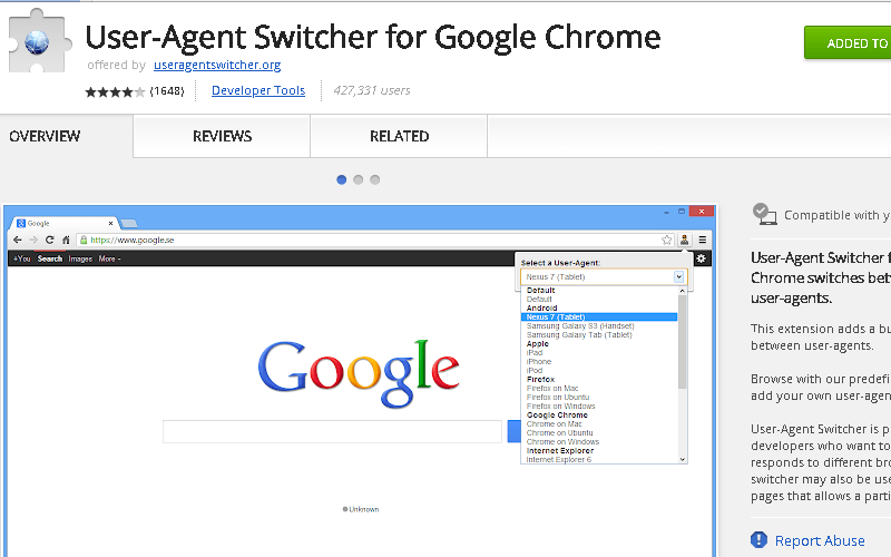 User Agent-Switcher Chrome Extension
